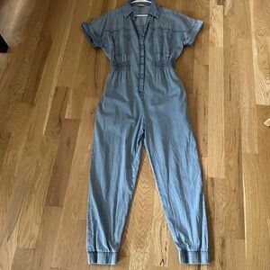 Elan Light Denim Jumpsuit Hidden Buttons, Pockets, Elastic Waste Cuffed …